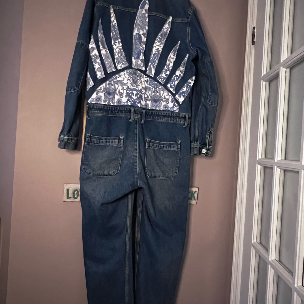🌻five -stitched by tina- 
One of a kind Upcycled denim jumpsuit with quilted sun